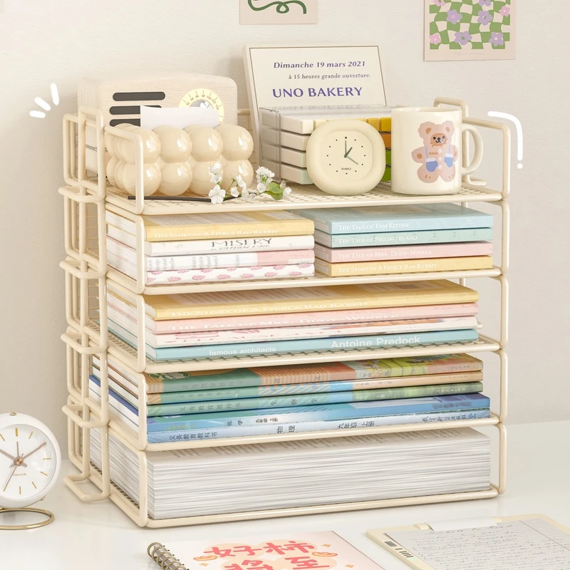 奶油风书架桌面置物架儿童学生书本桌上收纳书桌落地绘本架子简易