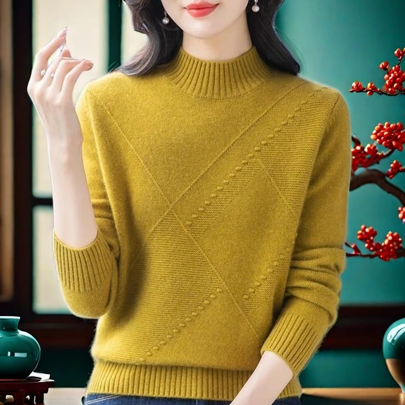 羊绒衫2025秋冬新款女士中年妈妈宽松针织半高领毛衣女