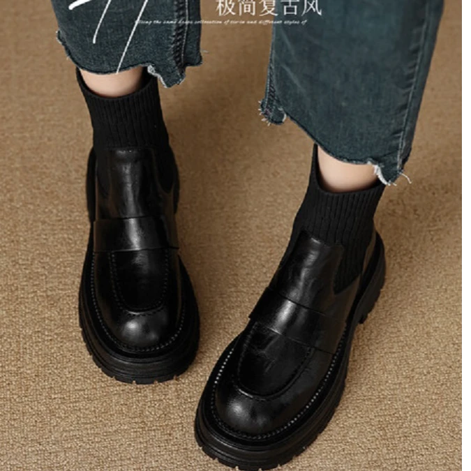 百搭王！软到爆~2024年新款时尚圆头厚底套筒弹力针织马丁靴女真皮