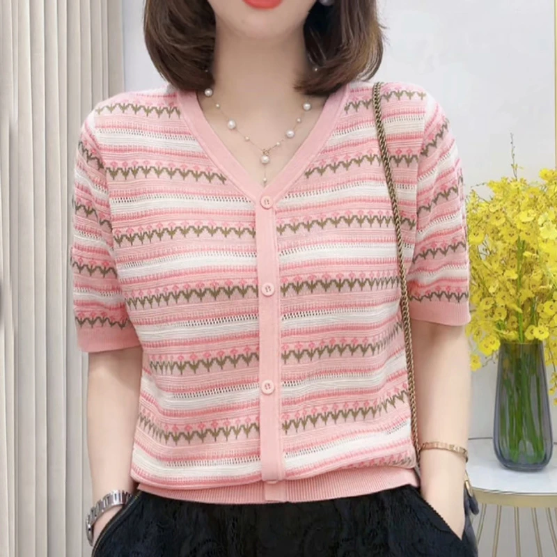 外贸原单意大利大牌女装清仓欧货冰丝开衫短袖t恤宽松洋气针织衫