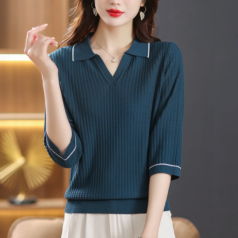 外贸原单意大利大牌女装清仓欧货polo领T恤女宽松上衣冰丝针织衫