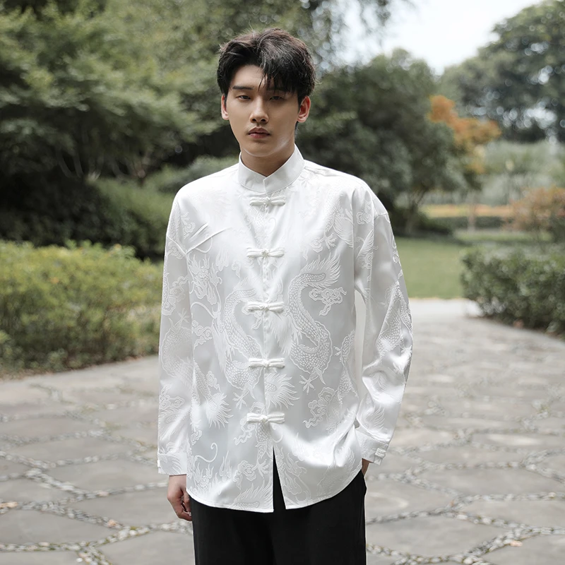 中国风提花龙纹唐装长袖衬衫春秋新中式男装大码盘扣居士汉服外套