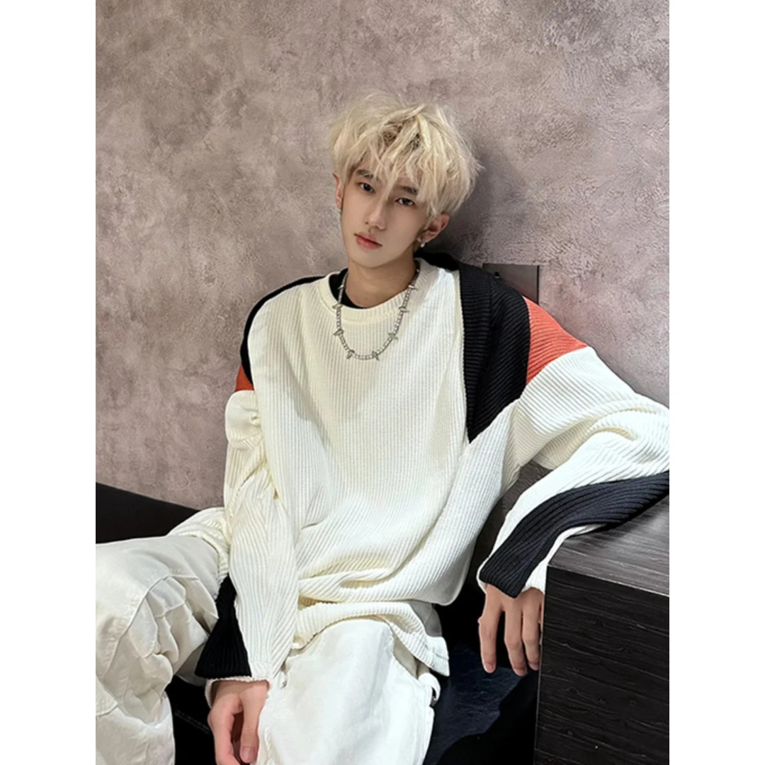 撞色拼接圆领毛衣男秋冬高级痞帅慵懒美式潮牌oversize针织衫线衣