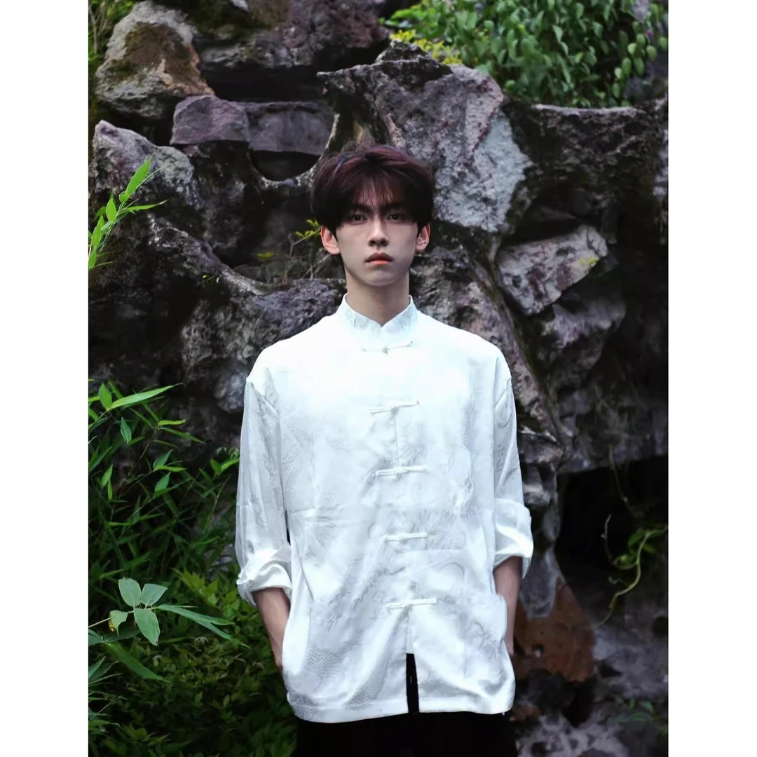 新中式男装白色立领盘扣暗纹衬衫马面裙搭配的上衣唐装男款中山装