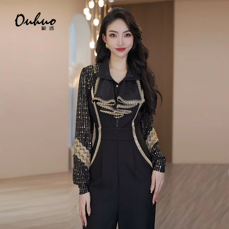 2025秋冬新款高腰显瘦气质时尚洋气百搭黑色阔腿背带裤OHPAG12019