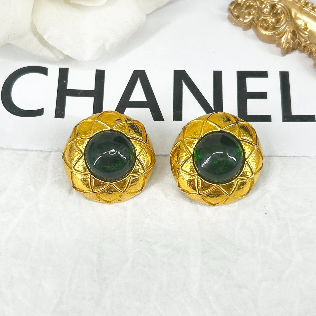 95新 Chanel/香奈儿 中古素金绿琉璃耳夹/M45183