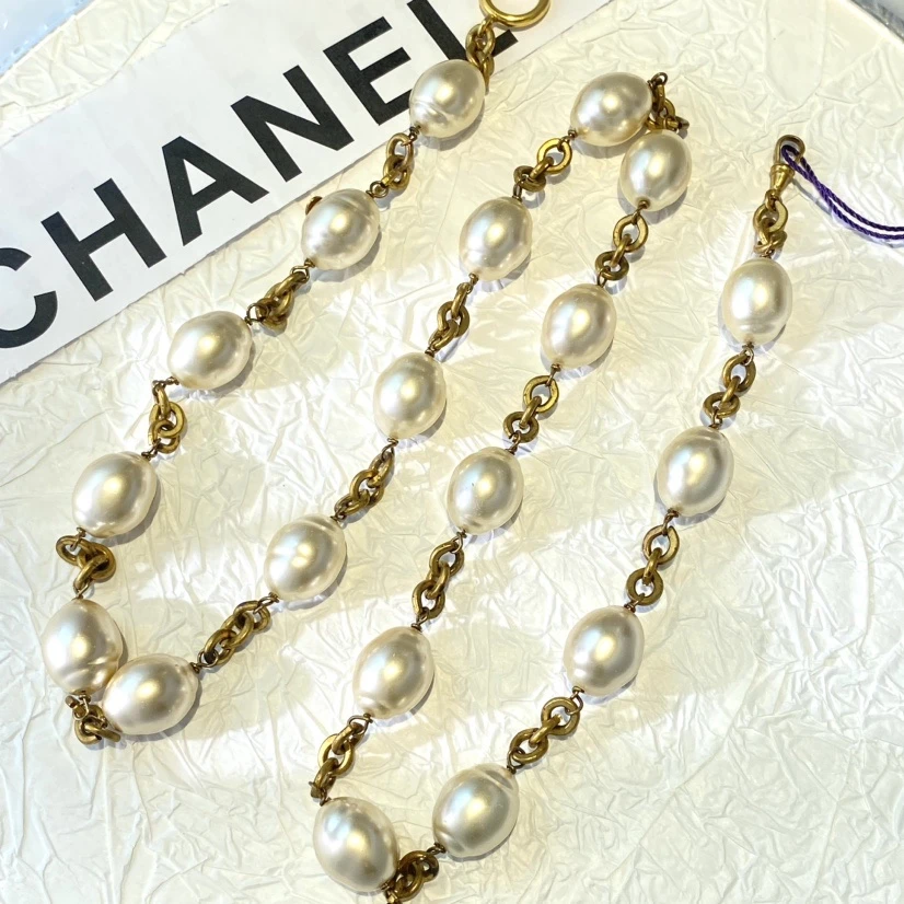 95新 Chanel/香奈儿 中古素金珍珠项链/CJ34011