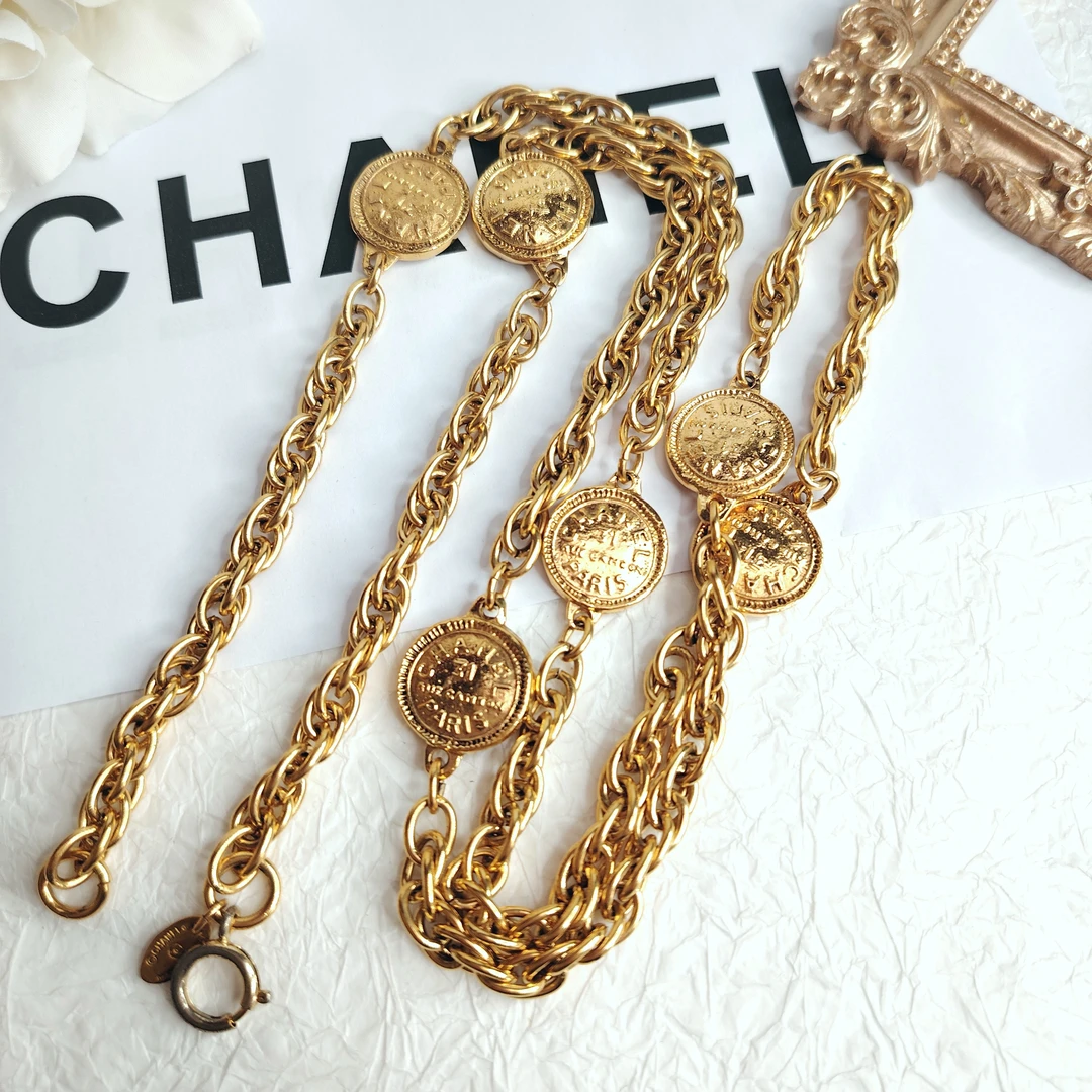 95新 Chanel/香奈儿 中古金币字母素金腰链项链两用/EJ48139