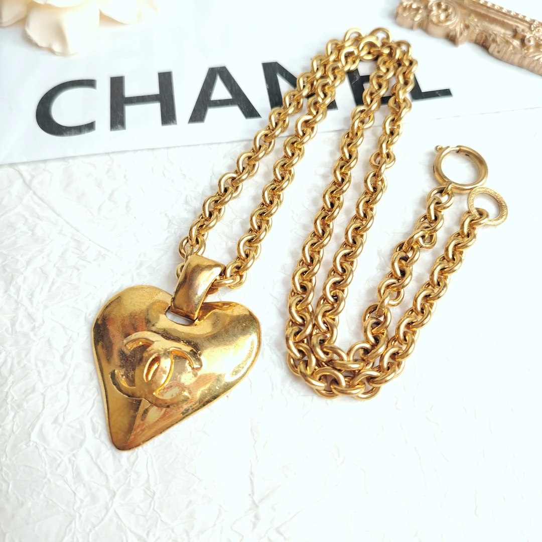 95新 Chanel/香奈儿 中古素金桃心双C吊坠项链/EJ47163