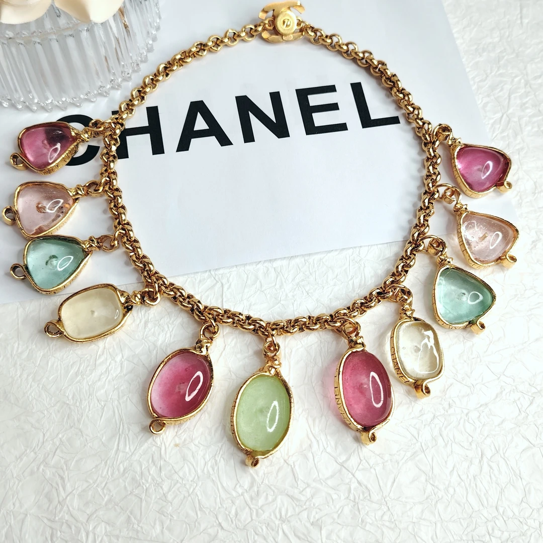 95新 Chanel/香奈儿 中古素金马卡龙琉璃流苏项链/M48101