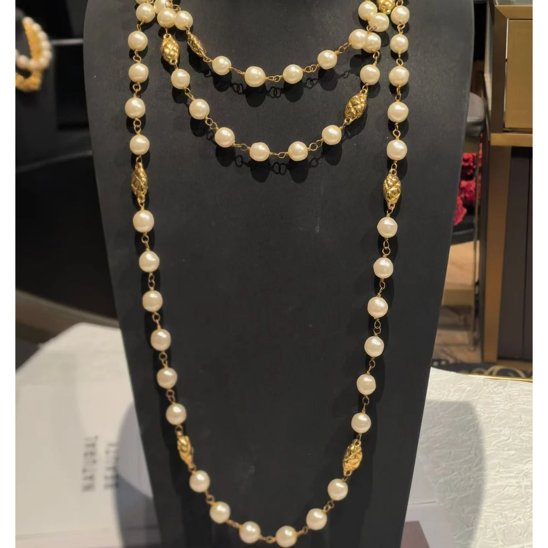 95新 Chanel/香奈儿 中古素金菱形珍珠长项链/CJ41270