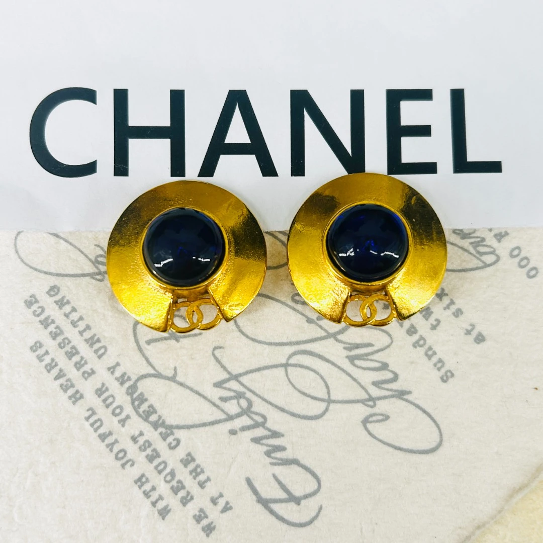 95新 Chanel/香奈儿 中古素金双C蓝琉璃耳夹/M42304