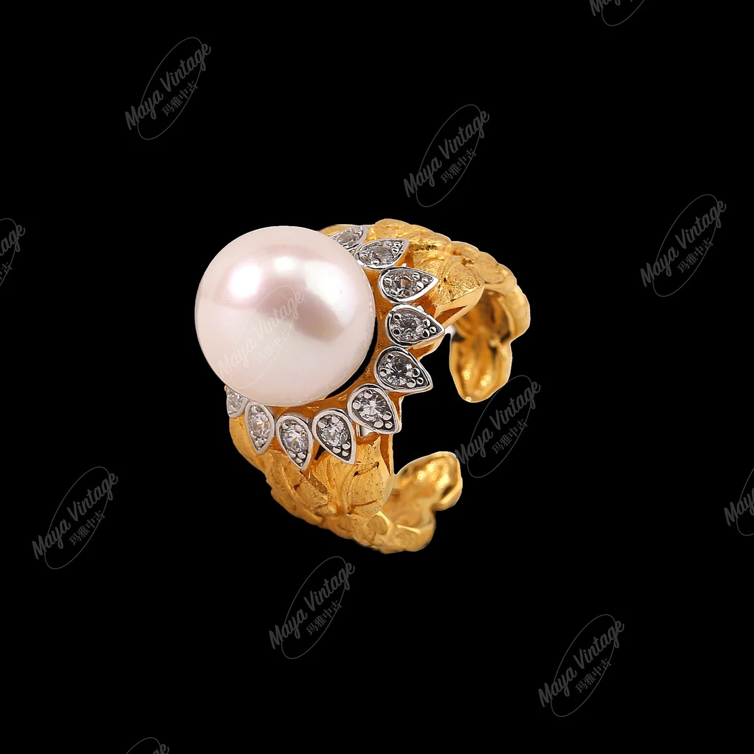 99新 玛雅中古 中古风925银花莱茵石戒指/S352