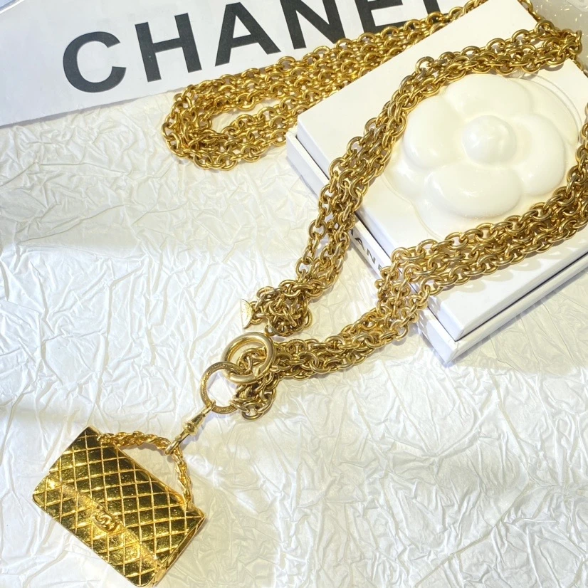 95新 Chanel/香奈儿 中古CF包包双C吊坠三层素金项链/RJ4715