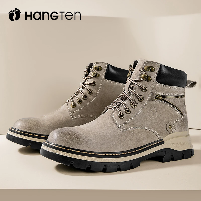 HANGTEN 欢腾马丁靴男2023冬季高帮鞋男士真皮复古秋冬工装靴百搭