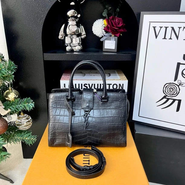 99新 YSL/圣罗兰 公文托特包通勤包 牛皮鄂压纹 经典黑色百搭酷帅