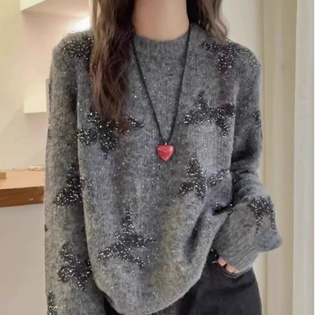 蝴蝶结亮片加厚圆领毛衣女2024秋冬新款宽松慵懒风洋气针织衫上衣