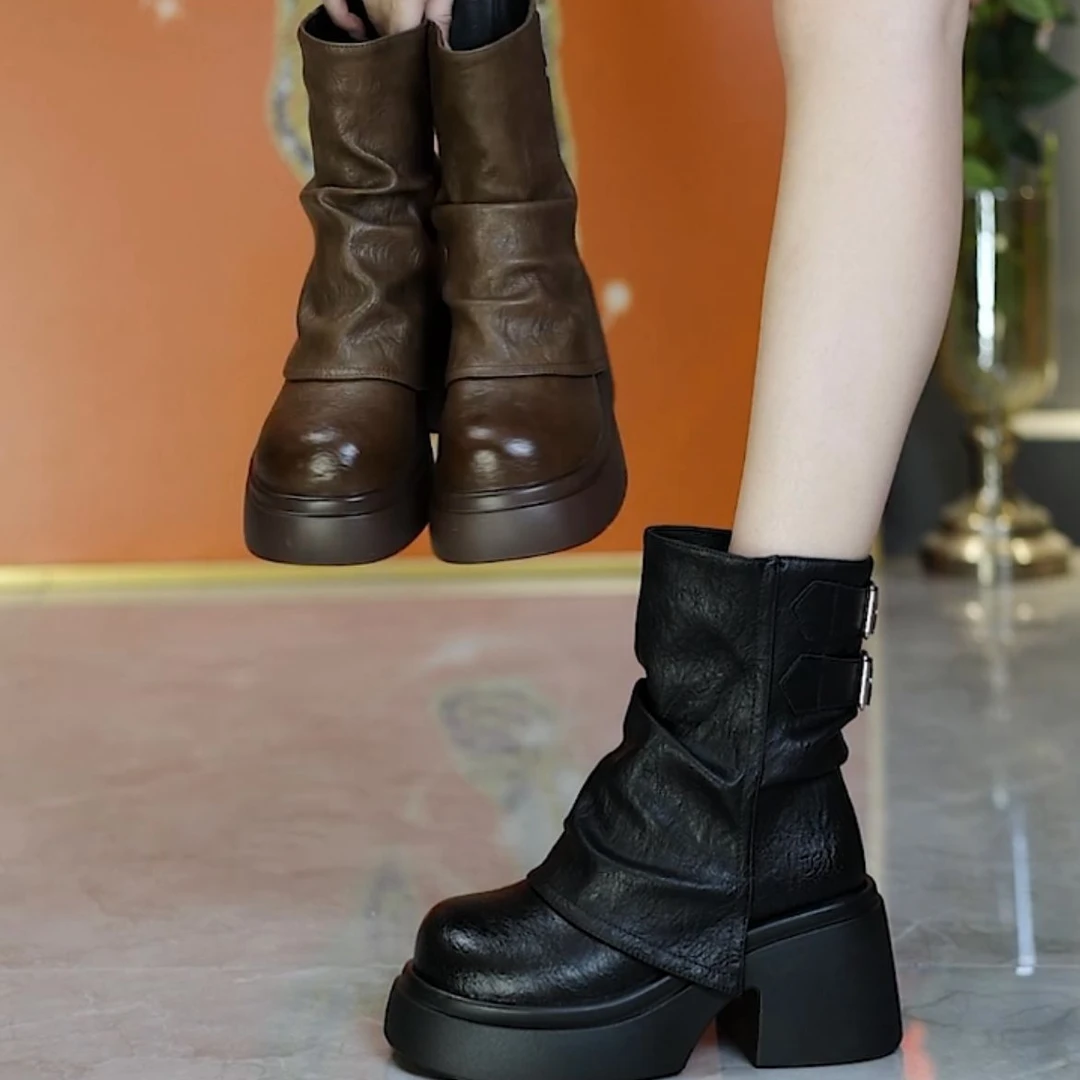 2025年秋冬季新款时尚松糕厚底马丁靴百搭显瘦皮带扣堆堆裤管靴潮
