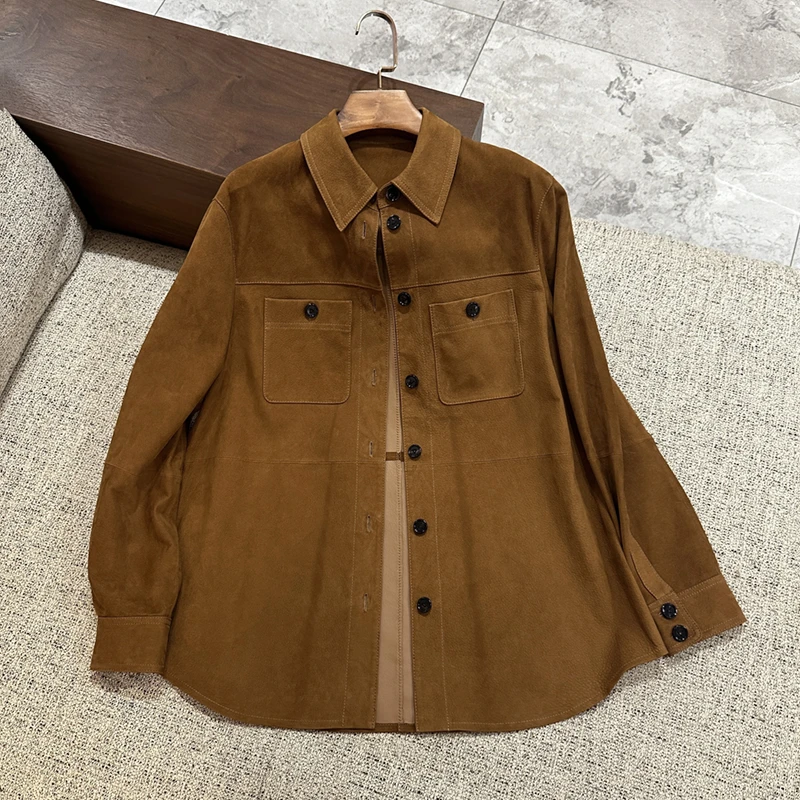 2025海宁真皮皮衣女休闲高端进口正绒鹿皮纹山羊皮衬衫上衣外套秋