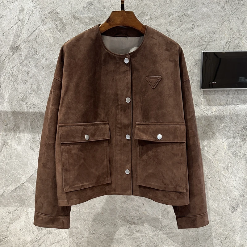 高端欧货美式复古海宁真皮皮衣女进口头层反绒面绵羊皮夹克外套秋