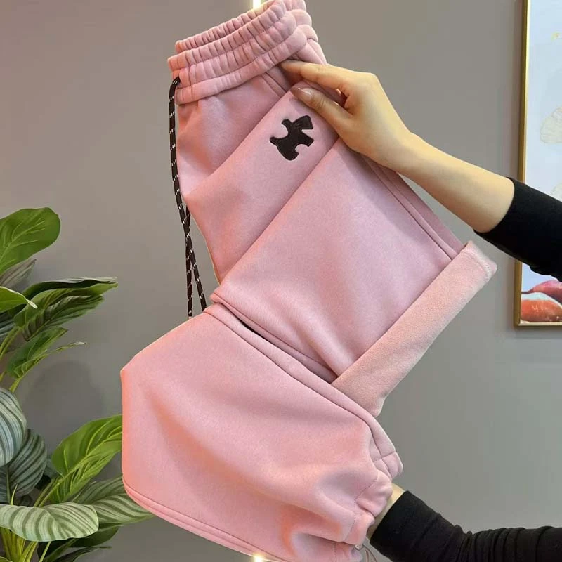 高端欧货2024秋冬新款加绒松紧腰抽绳束脚运动卫裤直筒阔腿长裤女
