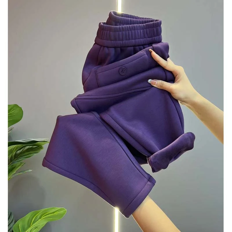 加绒休闲裤女秋冬新款宽松高腰卫裤百搭显瘦保暖哈伦裤束脚裤九分