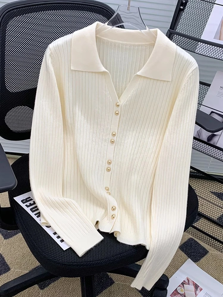 24秋冬新款polo领小V领针织开衫显瘦遮肉针织毛衣外套女