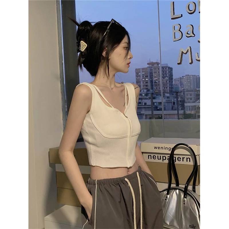 法式白色拉链针织吊带背心女设计感无袖内搭短款性感夏季外穿上衣