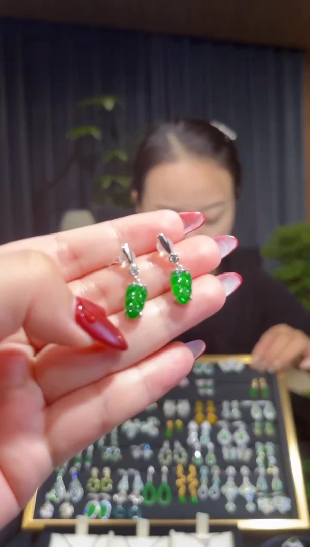 【闪购商品】翡翠耳饰银S925镶嵌叶子/支持复检/一件