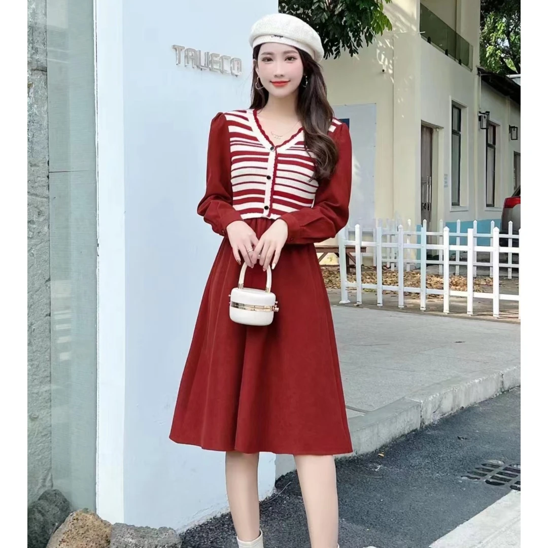 ASY/爆款假两件拼接条纹收腰长袖气质减龄显瘦连衣裙