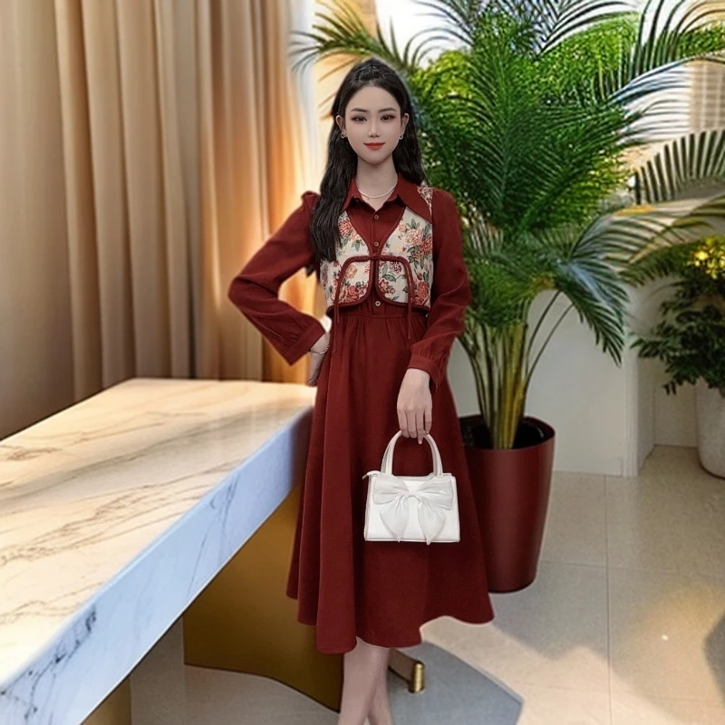 ASY/中国风盘扣马甲连衣裙假两件刺绣红色长款订婚服中式经典红