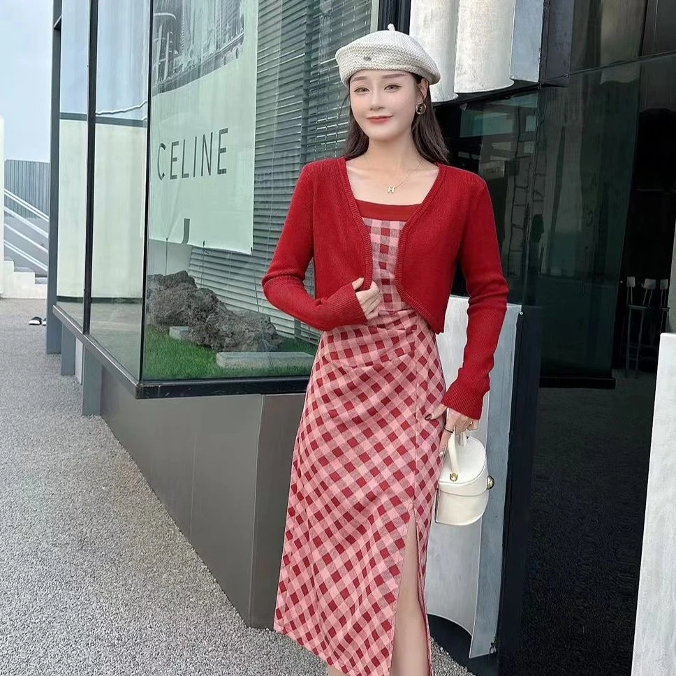 ASY/韩式披肩时尚收腰显瘦格子吊带连衣裙2023早秋新款两件套