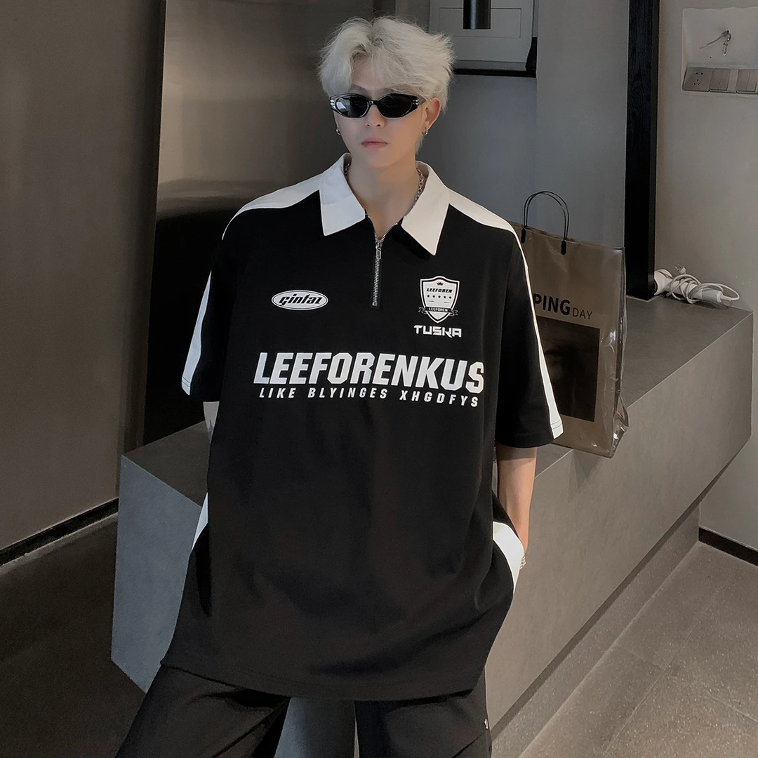 美式运动休闲棒球服网球衣篮球服橄榄球衣宽松polo衫短袖T恤男潮