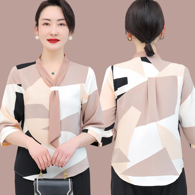 中老年妈妈装时尚拼色简约风女士衬衫春秋新款中年妈妈夏装套装