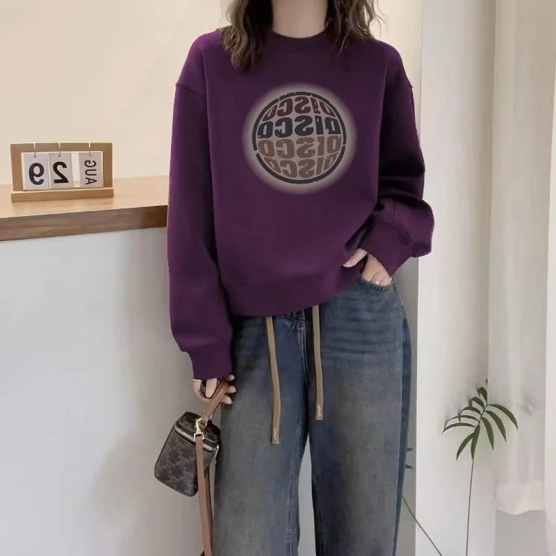 秋冬季圆领卫衣女士2024年新款韩版宽松大码胖mm外套加绒加厚上衣