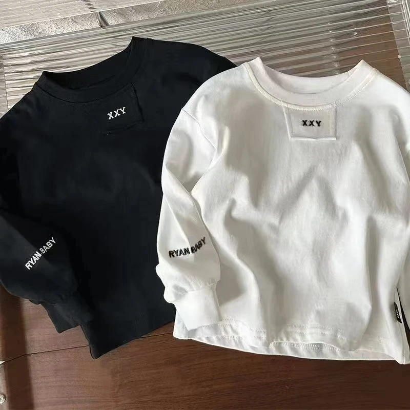 儿童德绒T恤春秋款宽松男童黑色白色长袖圆领打底衫上衣洋气字母