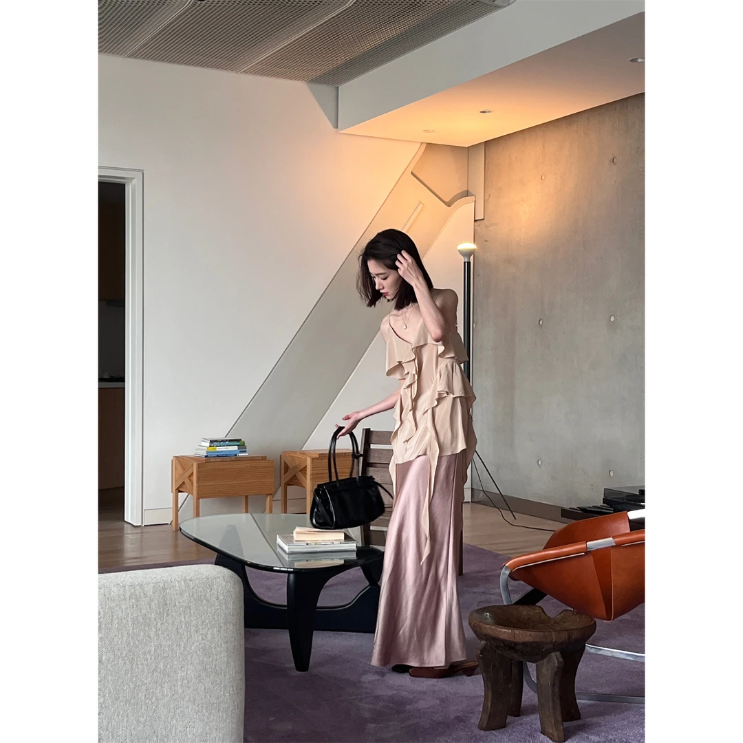 常存cunblvd 灵动波纹 16姆米双绉桑蚕丝荷叶边连衣裙/吊带