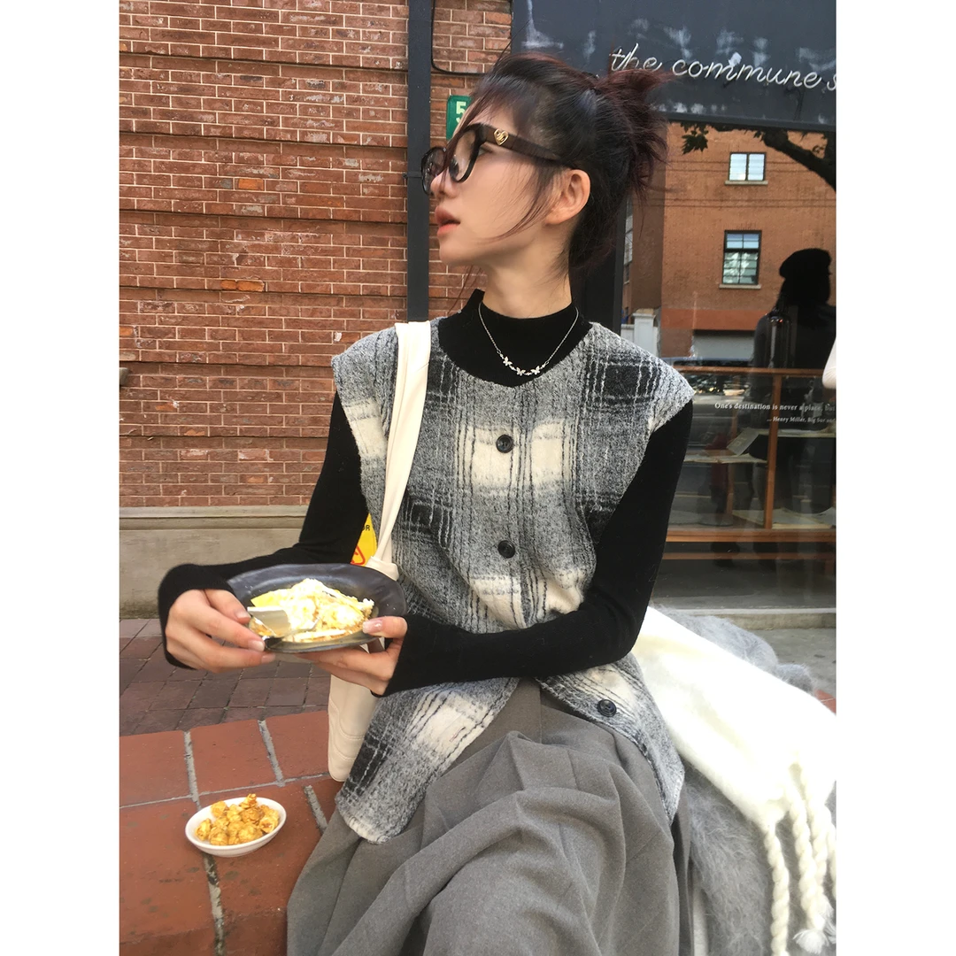 cunblvd常存 叠穿神器 进口意大利叠穿针织格纹开衫马甲