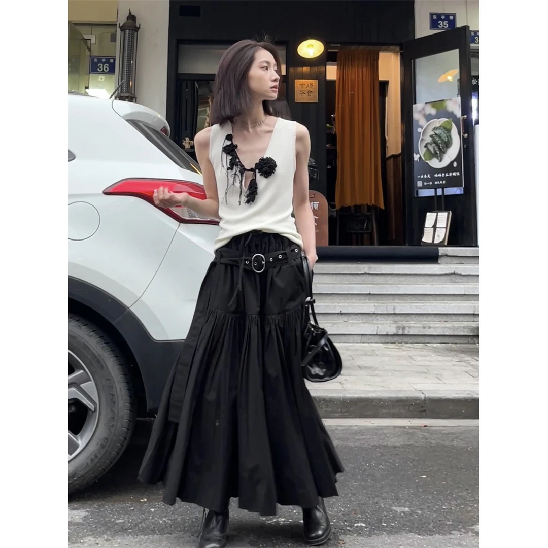 cunblvd常存 酷飒时尚 松紧腰A字半身裙复古休闲拼接收褶