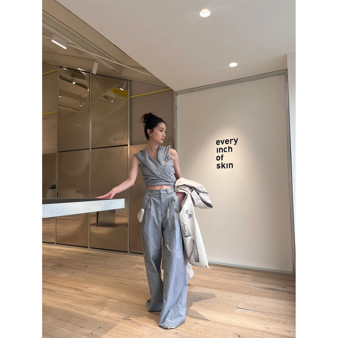 cunblvd常存 雾蓝之境 绑带一片式交叉层次感围裹小众别致短上衣