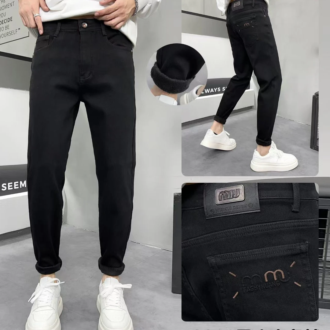 男士牛仔休闲裤加绒加厚高档直筒宽松修身商务弹力秋冬冬季