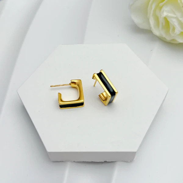 [抖音质检 现货]5D黄金时尚新潮亮黑珐琅环形直针耳饰耳钉足金999