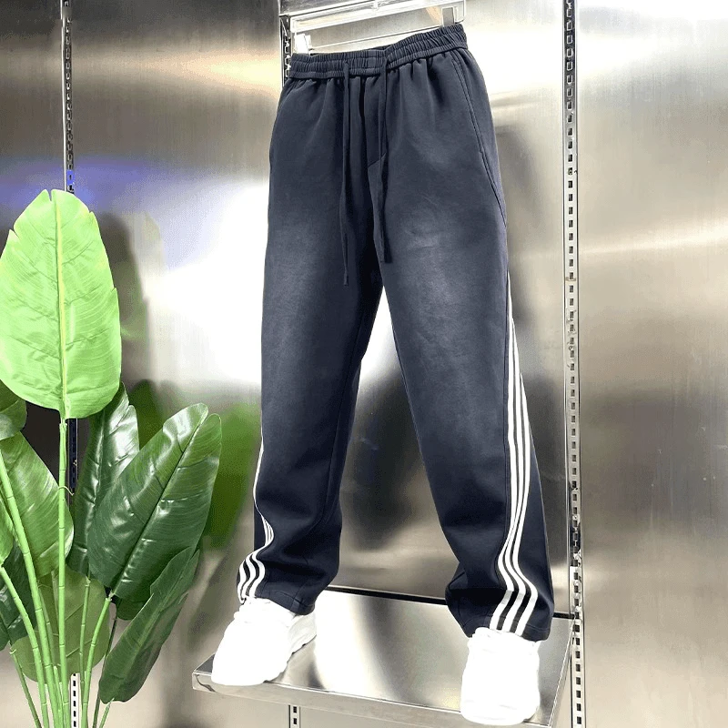 秋季长裤条纹痞帅休闲裤子三道杠阔腿裤百搭潮牌宽松直筒长裤男裤