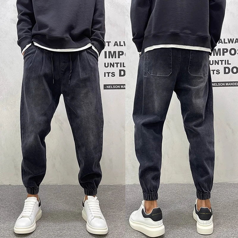 秋冬牛仔裤男水洗休闲宽松九分裤潮牌浅色哈伦裤痞帅抽绳束口裤男