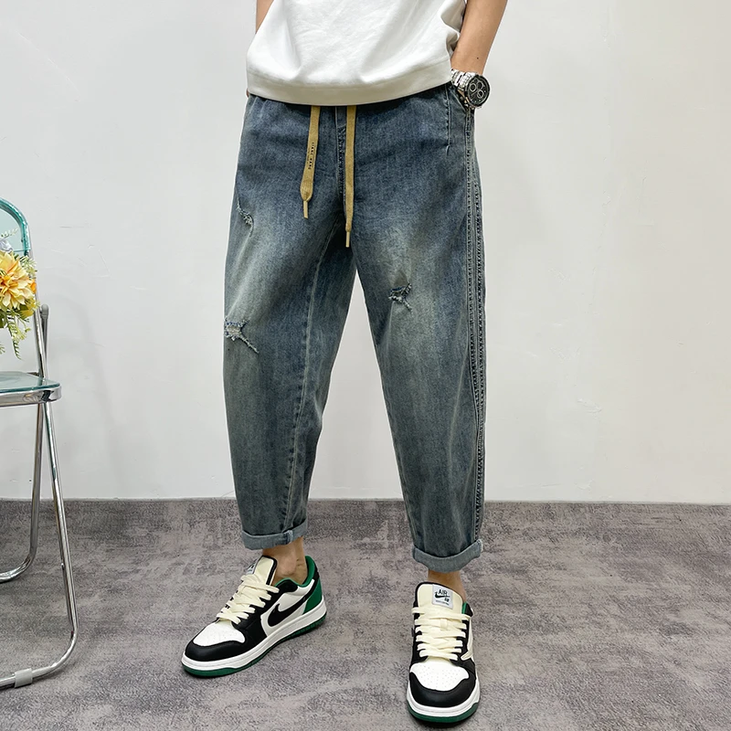 夏季美式复古痞帅破洞牛仔裤男士潮牌春夏季薄款宽松九分裤休闲裤