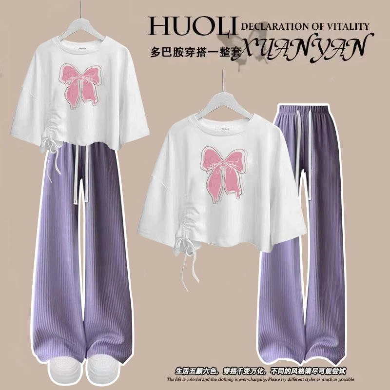 女童2024夏装韩版休闲宽松恤+阔腿裤套装中大童小学初中生两件套