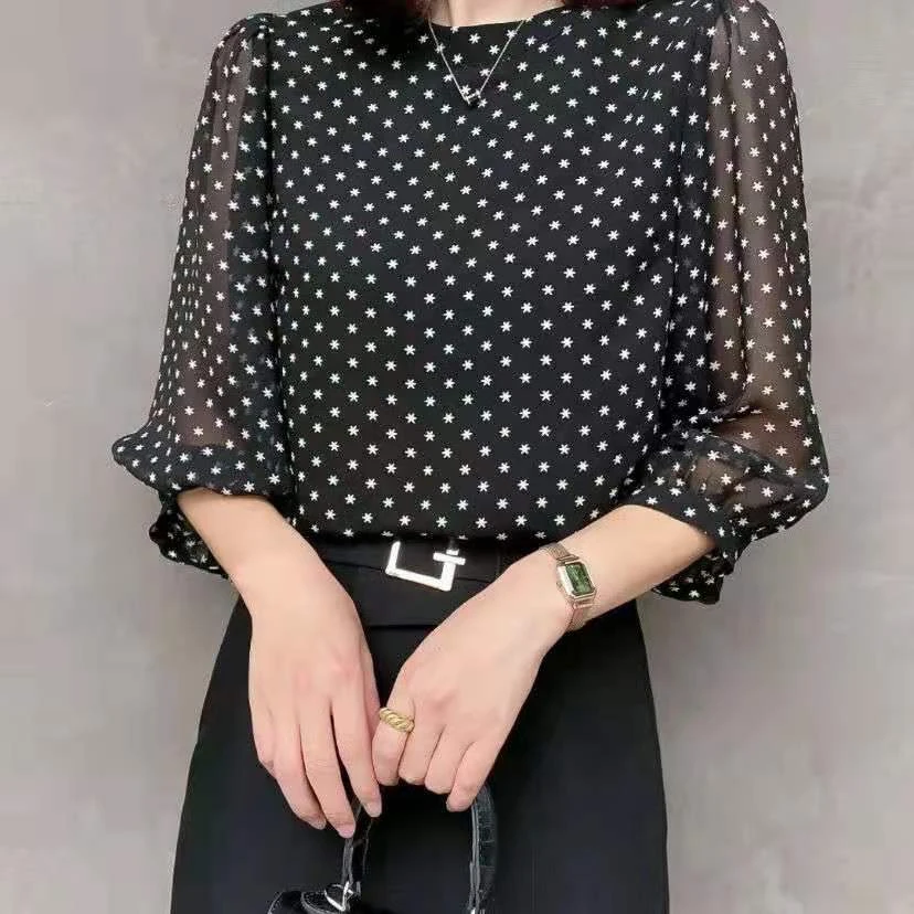 MINGDAINI/名黛妮新款高档气质女装春季印花雪纺T恤衬衫304050岁