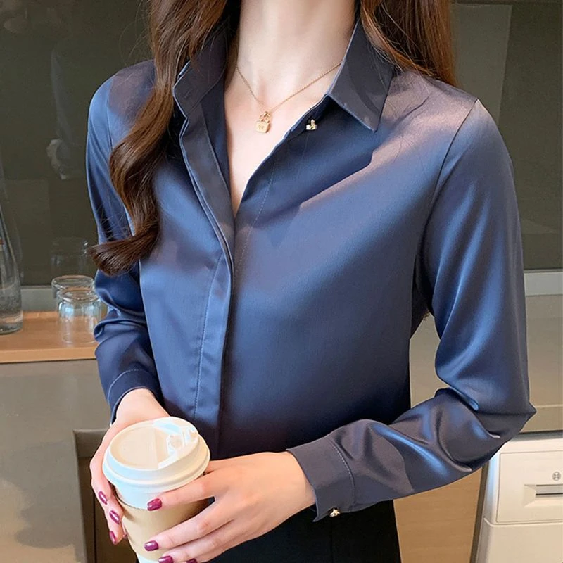 轻奢丝光纯色衬衫春气质长袖洋气百搭小众设计感显瘦白色时尚女装