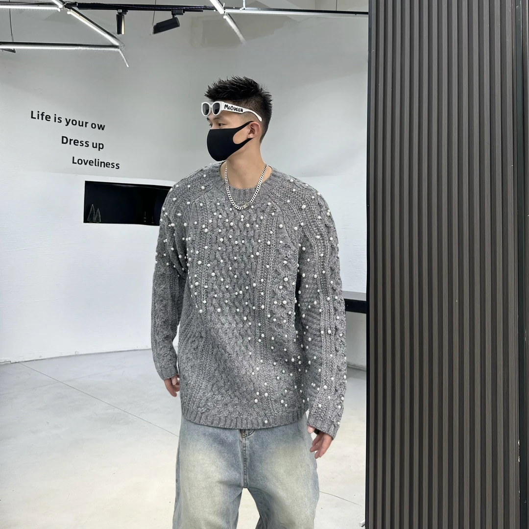 秋冬情侣同款ins设计感重工镶嵌珍珠针织宽松休闲时尚慵懒风毛衣