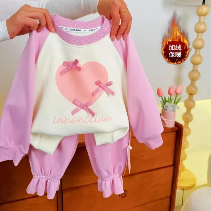 D1131加绒卫衣套装秋冬款女宝宝休闲加绒冬装小女孩保暖两件套潮